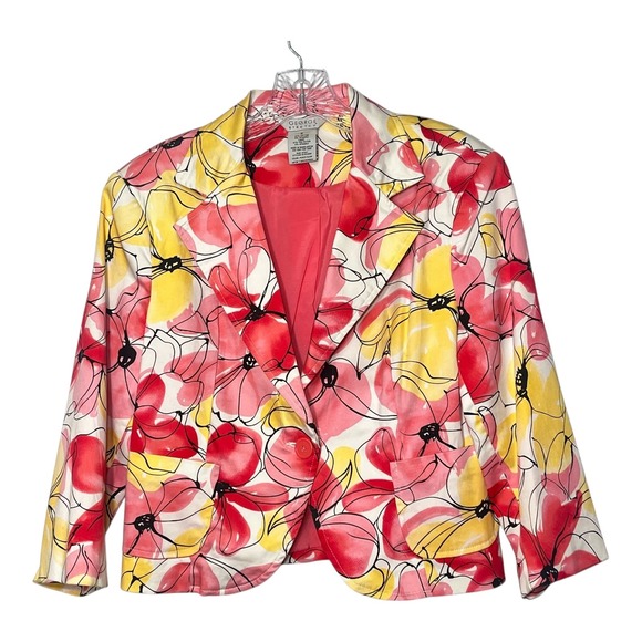 George Stretch Floral Blazer Jacket Pink Yellow Spring Career One Button Size 10 - Picture 1 of 7